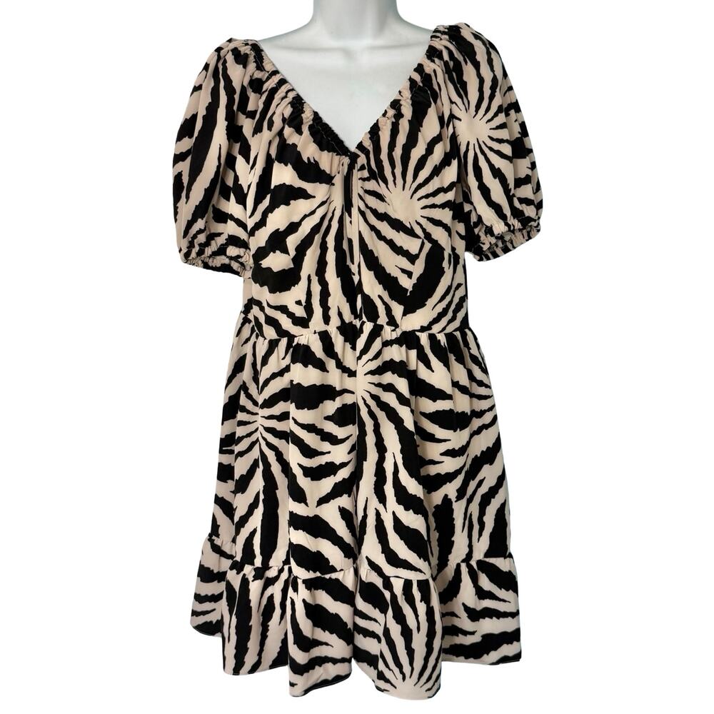 Good Journey Cream Black Zebra Tiered Puff Short Sleeve Mini Dress sz 16 NEW Tag